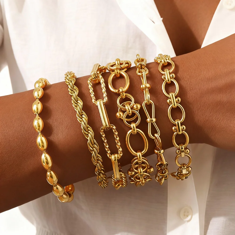 Gold Plated Chunky Chain Bracelet for Women, Thick Link Stainless Steel Bracelet, Layered Wristband Waterproof Christmas Gift