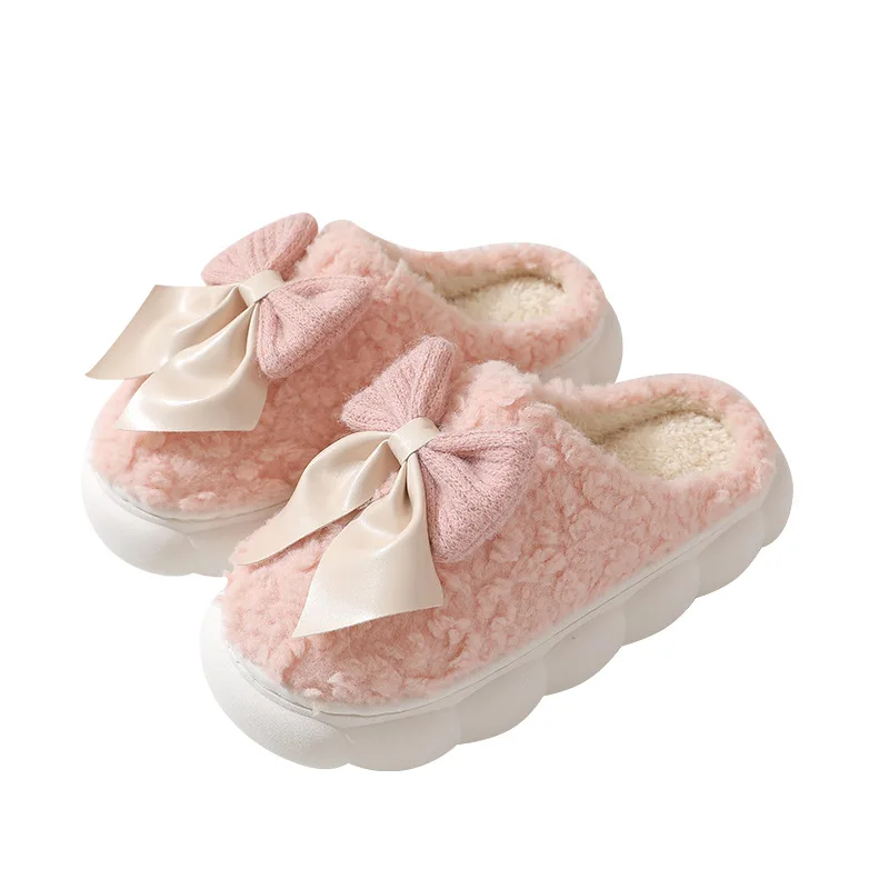 Slippers Cotton Shoes Thick Soles Anti Slip Cotton Slippers Warmth Home Use Household Use Winter Bow Tie Women Cotton Slipper