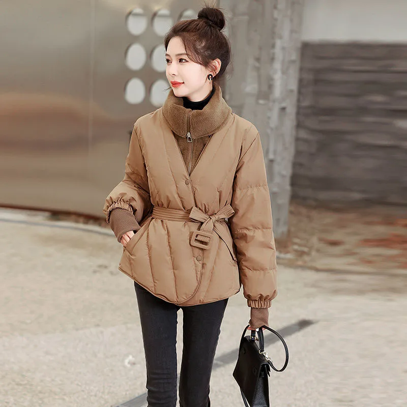 

2023 New Autumn Winter Fashion Women Mink Fleece Spliced White Duck Down Coat Casual Belt Slim Warm Female Short Down Jacket