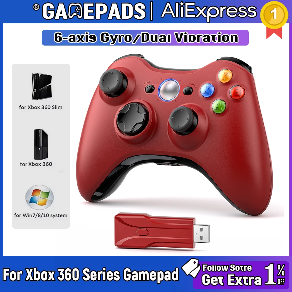 Control inalámbrico para Xbox 360/Slim/Elite/PC, gamepad para videojuegos con joystick de 6 ejes y doble vibración, control para Xbox 360