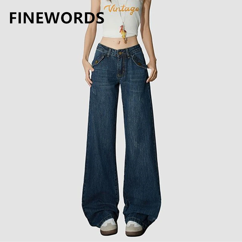 FINEWORDS High Waist Vintage Blue Bell Bottom Jeans Women Korean Streetwear Flared Jeans Easymatch Full Length Casual Jeans