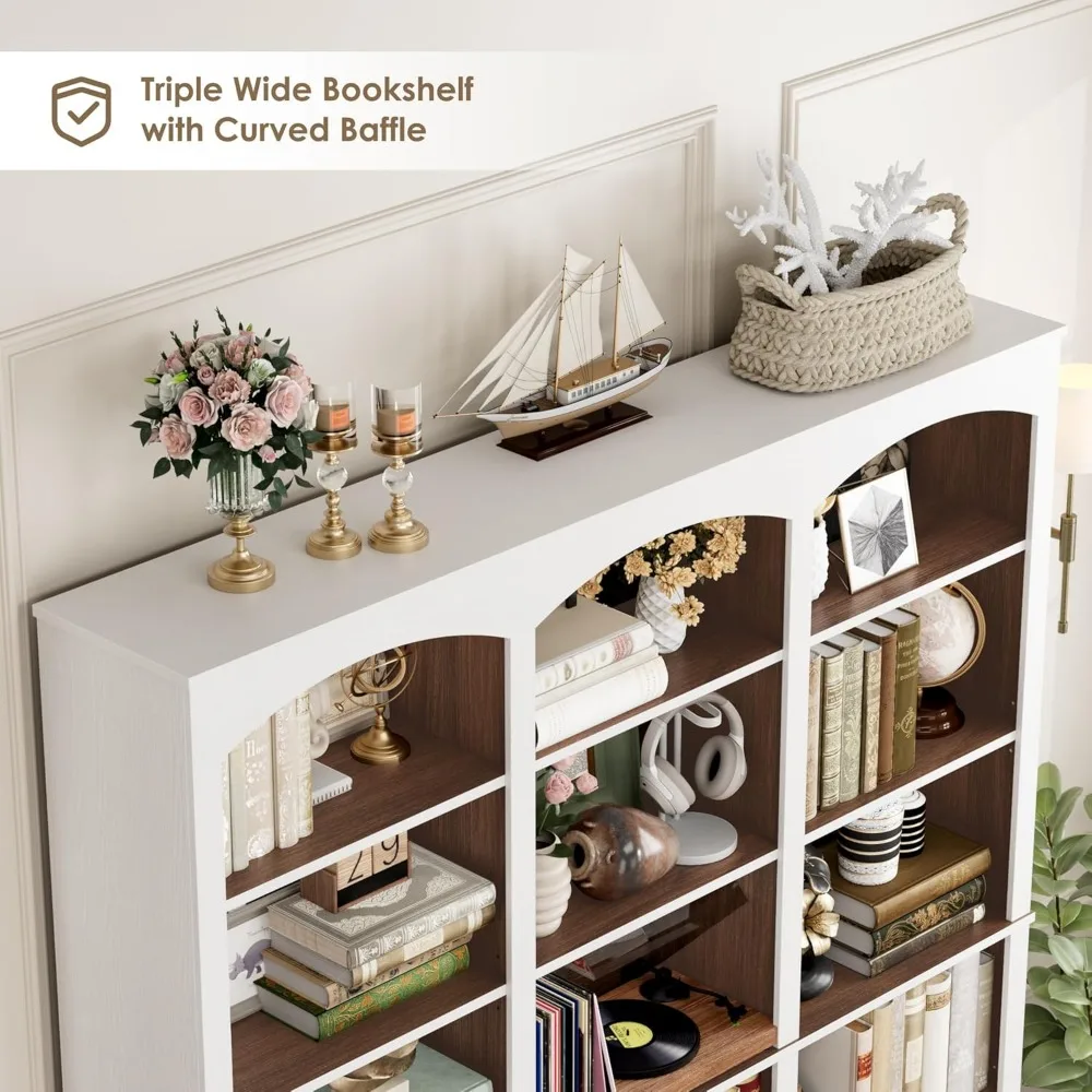 Estante tripla larga de 71", estante alta de 6 camadas, estante grande com defletor curvo, prateleira para livros de 63,4" de largura com 18 expositores abertos