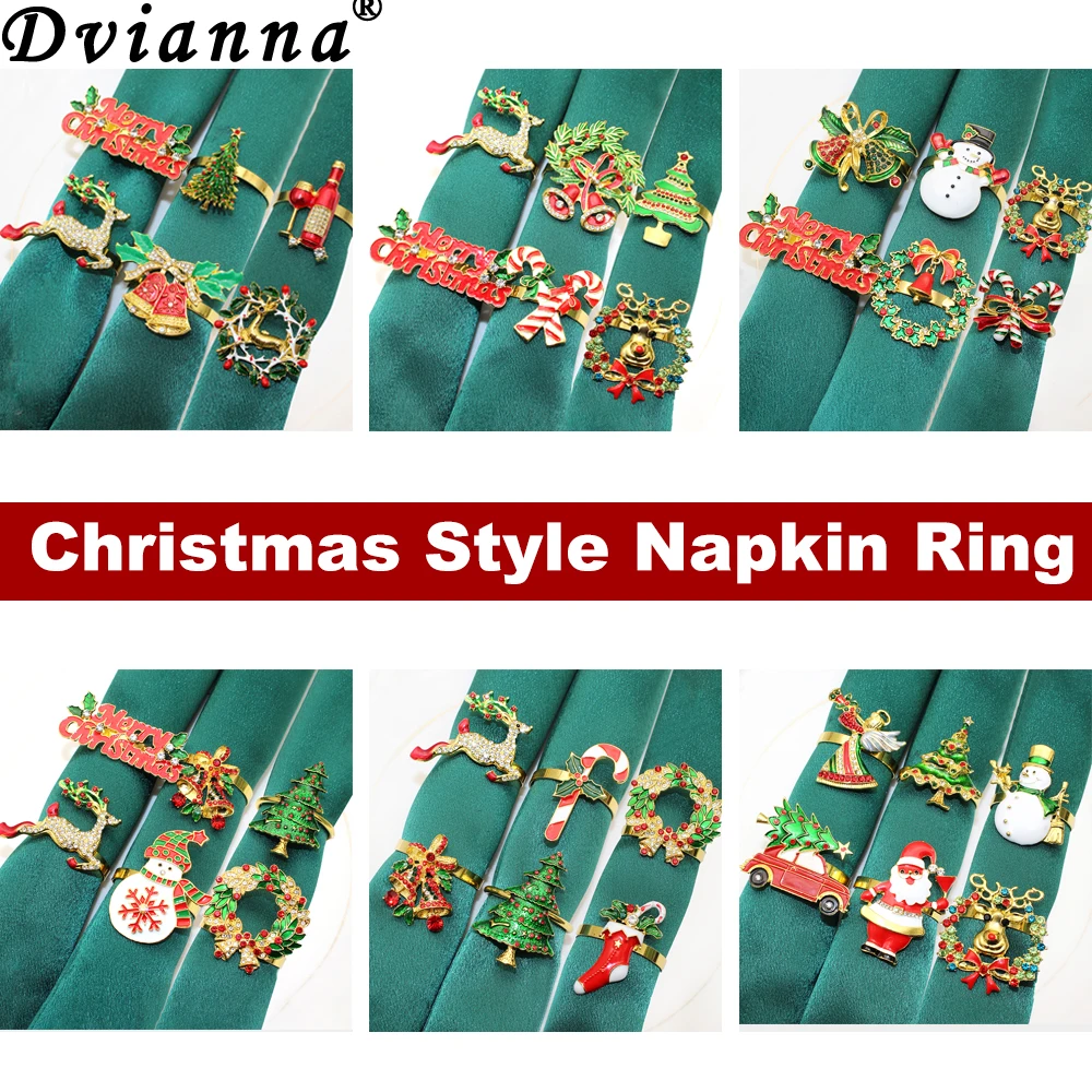 6Pcs Christmas Napkin Ring Set Xmas Tree Candy Cane Bell Car Snowman Deer Wreath Napkin Holder for Christmas Party Table Decor