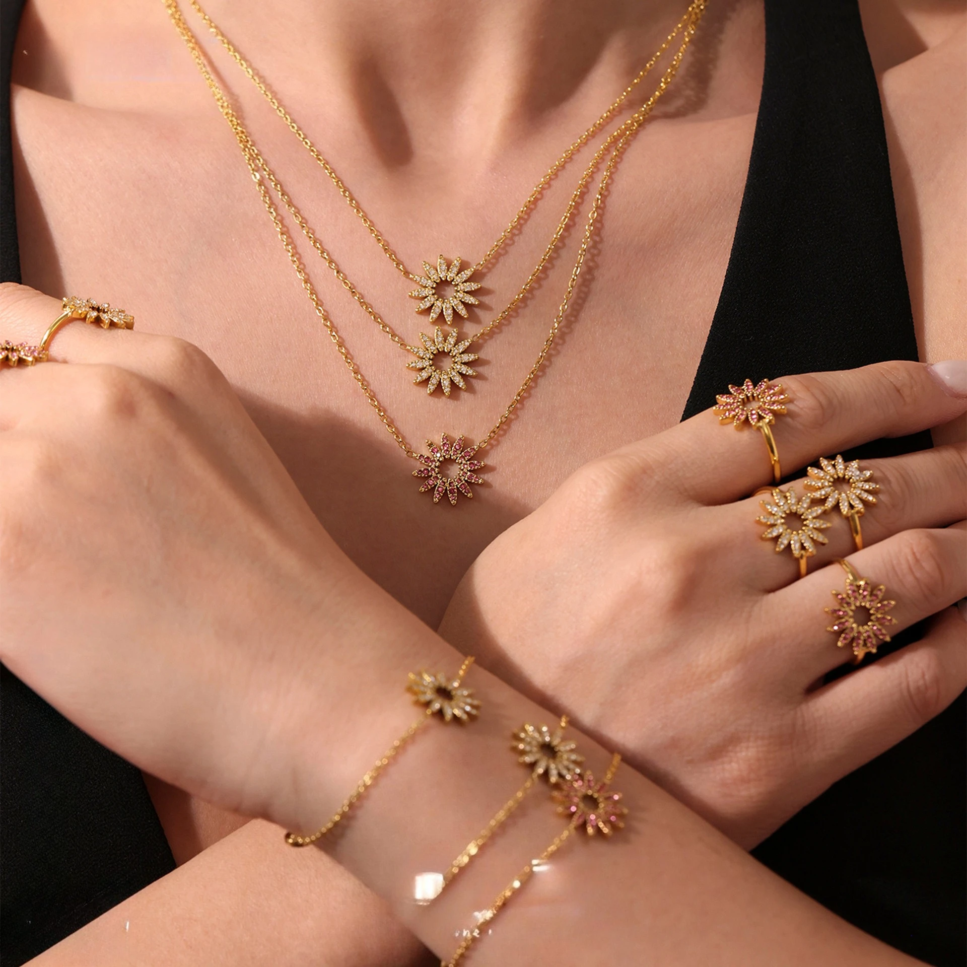 Collar, pulsera y anillo de girasol, joyas de acero inoxidable, pulseras para mujer, collar dorado a juego para mujer, joyas impermeables.
