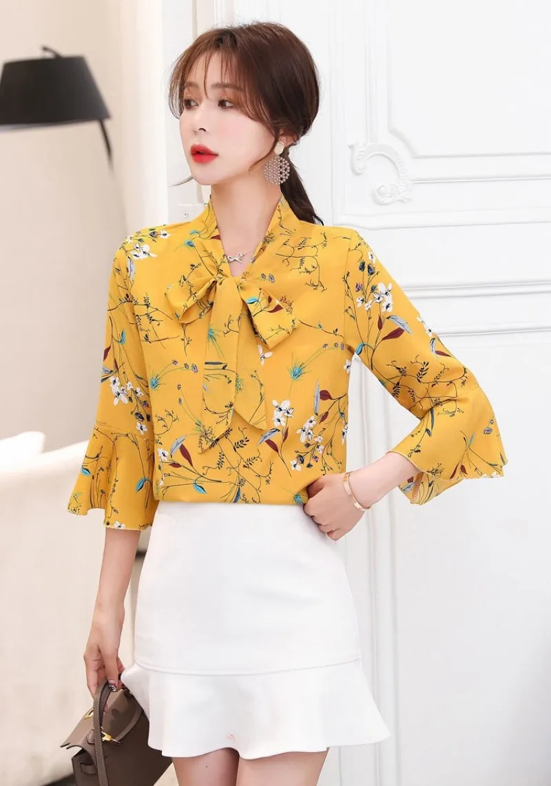 Elegant Fashion Casual Floral Printing Bow Chiffon Shirt Spring Summer 2023 V-Neck Short Flare Sleeve Slim Blouse Women Clothing