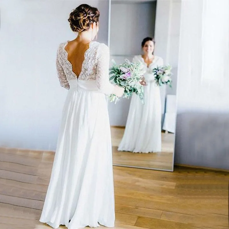 Outono novo vestido de casamento sexy elegante profundo v renda sem costas praia simples vestidos de casamento leves