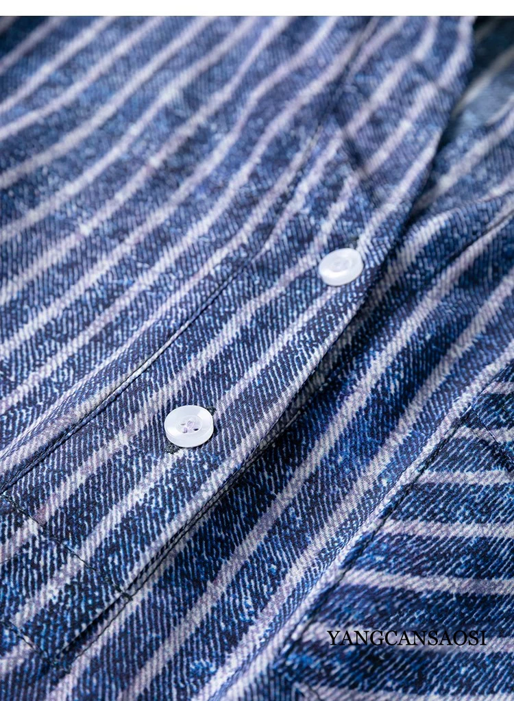 2024 Damesmode Lente/Zomer Nieuwe Denim Textuur Verticale Streep 100% Natuurlijke Moerbei Zijde V-Hals Driekwart Mouw