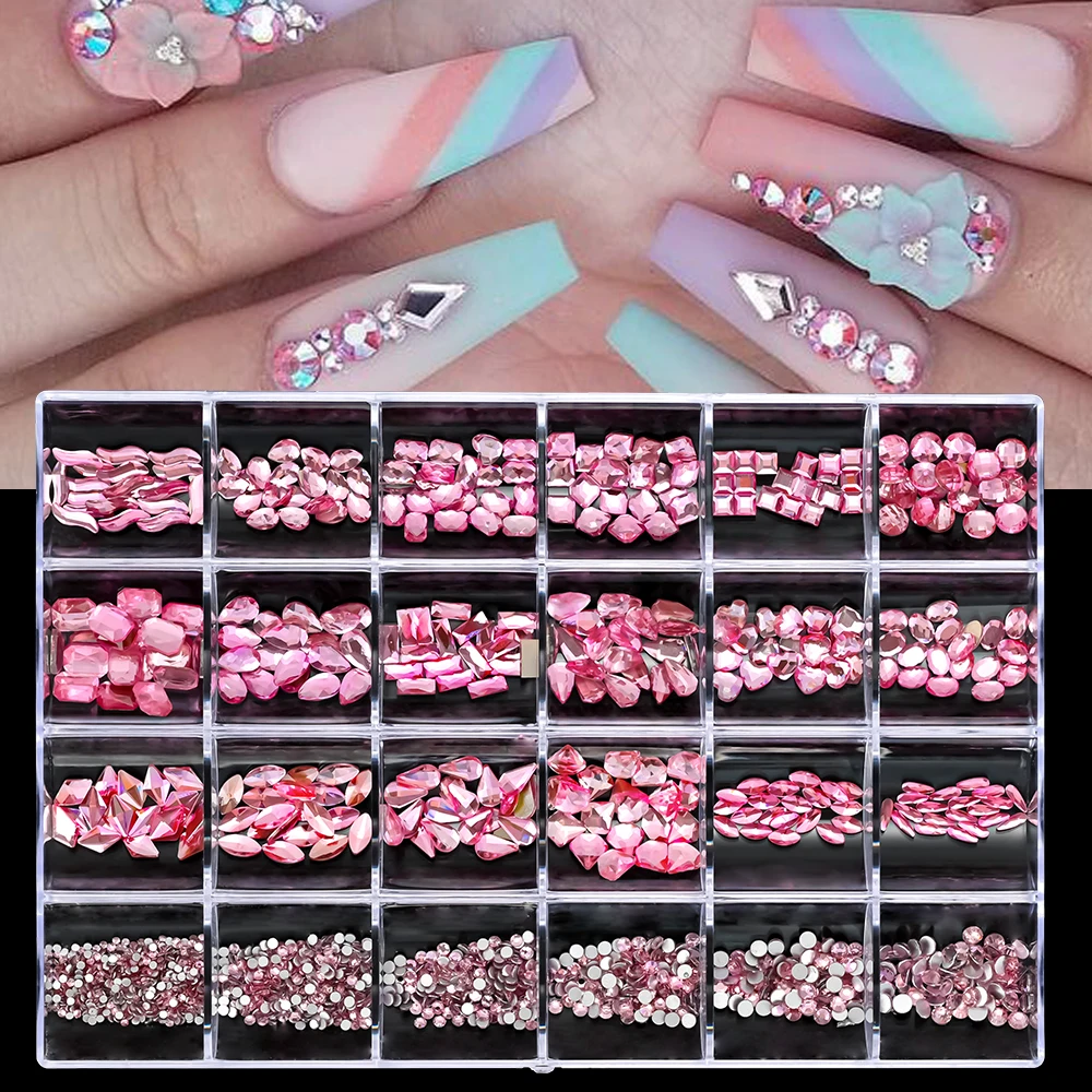 

24 Grid Mix Pink Champagne Crystal Nail Rhinestones Flatback Luxury Diamond Gems 3D Glass Charms For DIY Nail Art Decorations