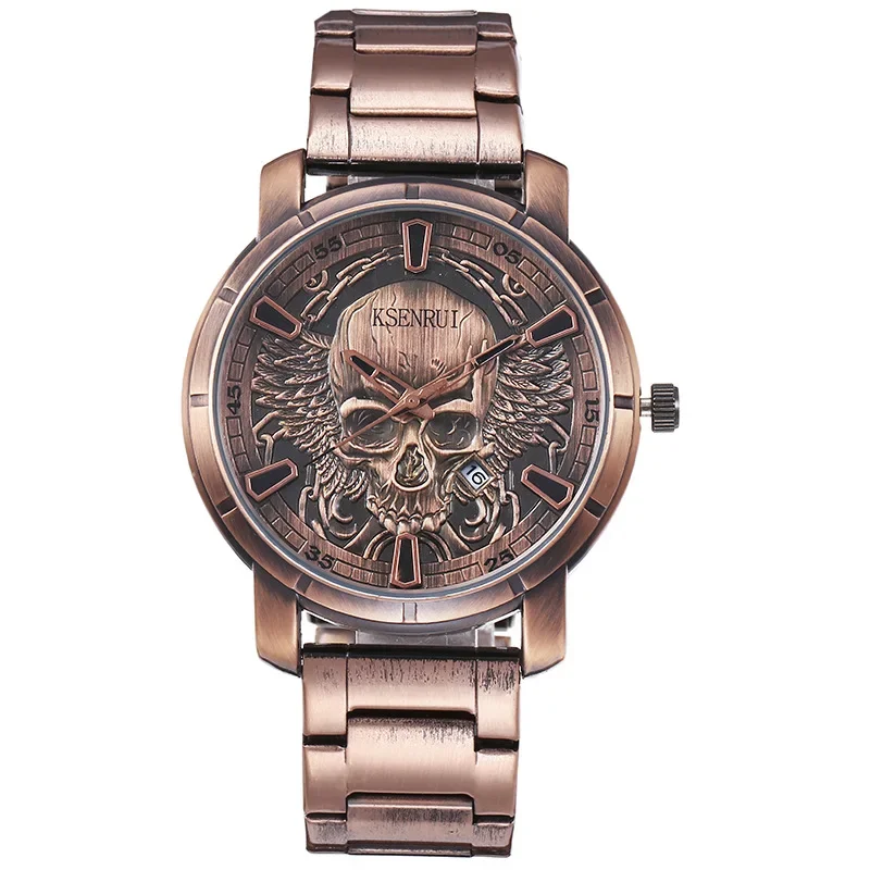 reloj hombre Men Bronze Stainless Steel Watch Luxury Quartz WristWatch Retro Skull Watches Simple Men\'s Gift Clock montre homme