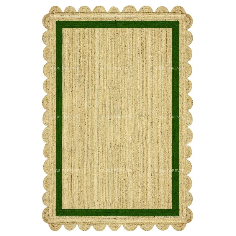 Natural Jute Area Rug Green Scalloped Yoga Mat Hand Braided Living Room Kilim