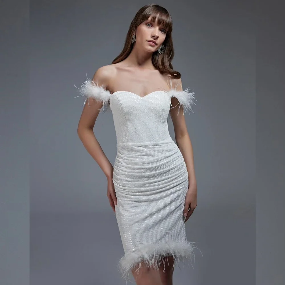 Customized Jersey Sequined Feather Ruched Cocktail Party A-line Off-the-shoulder Bespoke Occasion Gown Mini Dresses