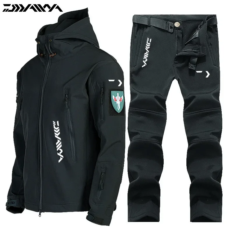 

Waterproof Hiking Tracksuit Set for Men Sharkskin Army Jackets Fishing Coat Tactical Pants Warm Fishing Fleece Trousers Winter