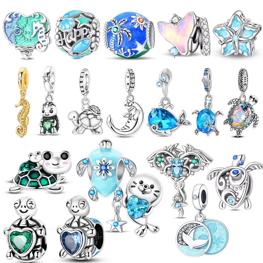 925er Sterlingsilber, Ozean-Serie, blaue Schildkröte, Seestern, Muschel, passend für Pandora Original-Armband-Charms für Frauen, edler Schmuck, Geschenke