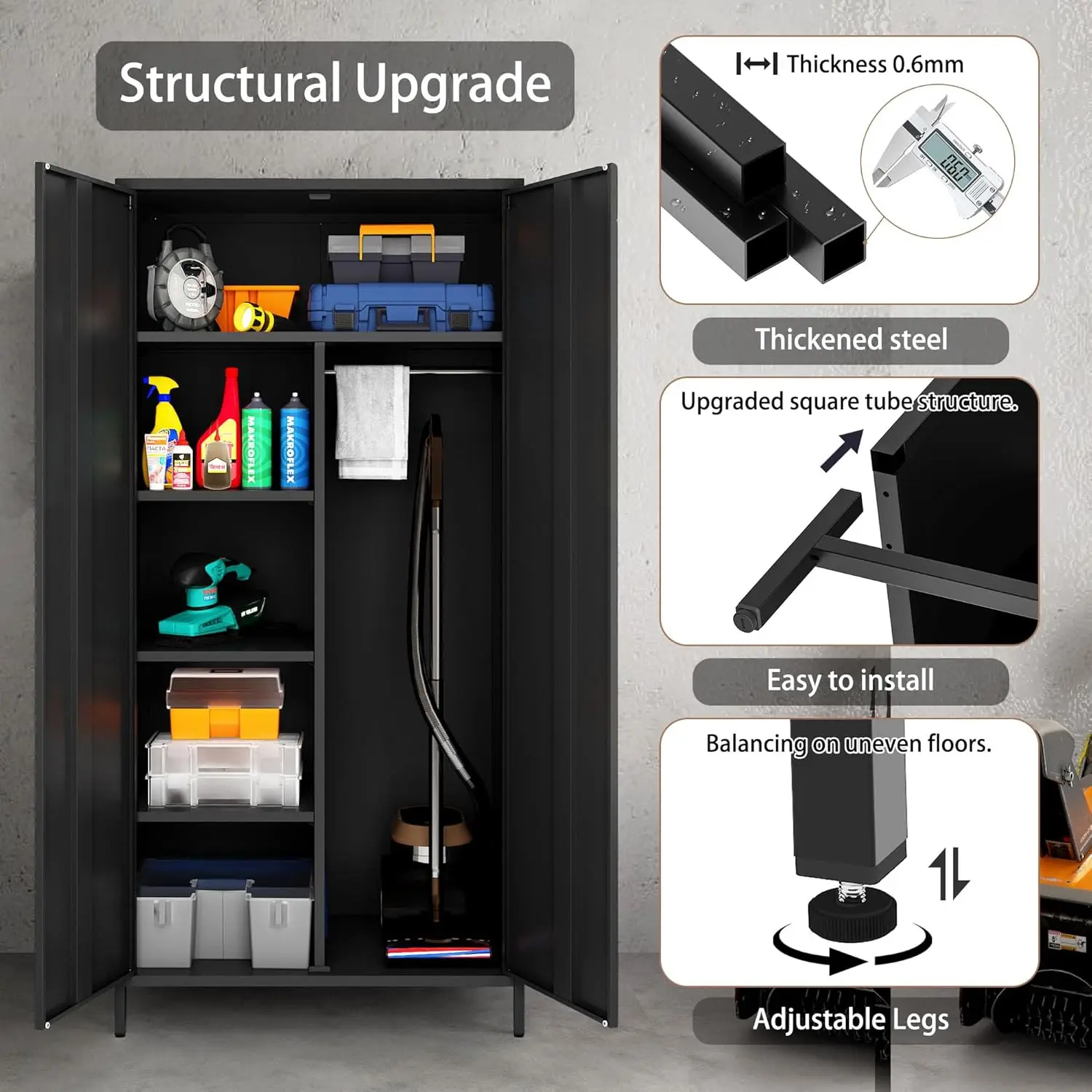 خزانة ملابس معدنية، خزانة تخزين فولاذية مقاومة للصدأ مع 4 أرفف وقضيب تعليق، أسود