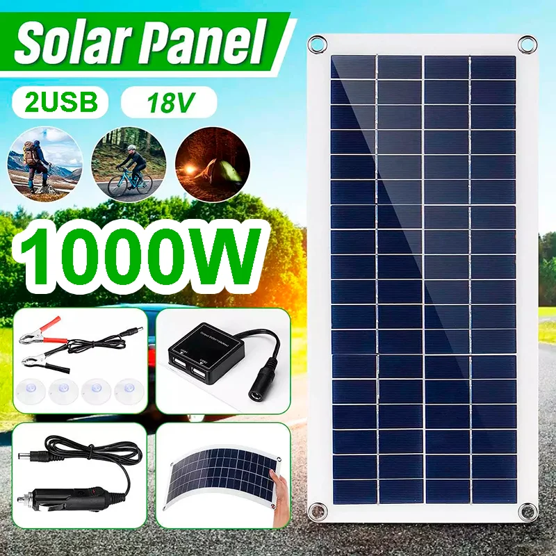 Kit de painel solar flexível com 2 USB, gerador portátil completo, estação elétrica solar para casa, carro, iate, rv, barco, 1000W