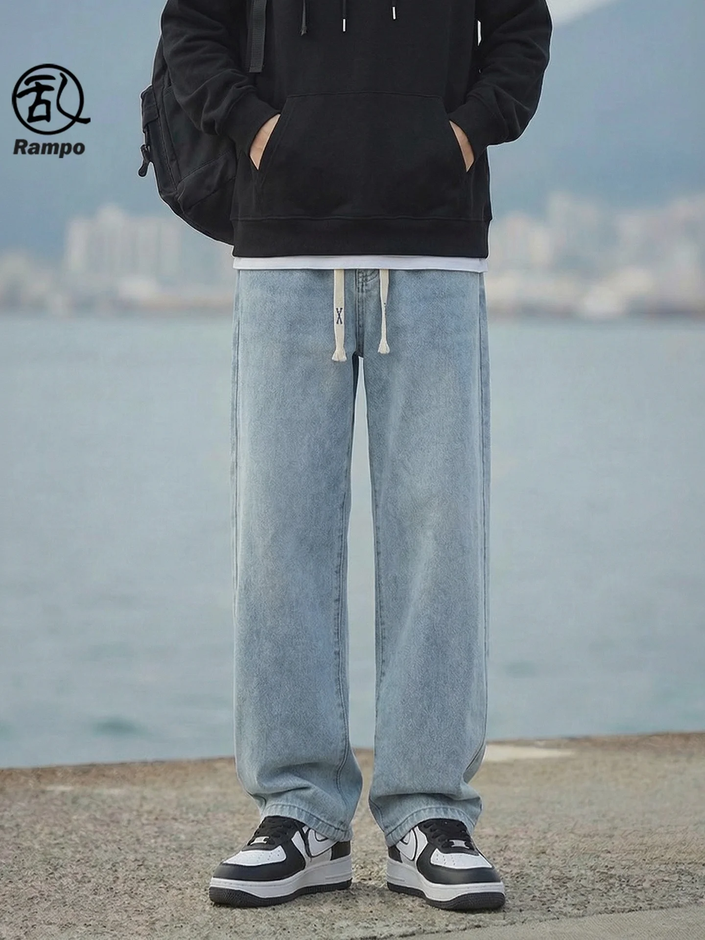 

Teenage Boys Straight Leg Loose Fit Casual Jeans Retro American Sle Dstring Cotton Polyester Blend Wear Resistant