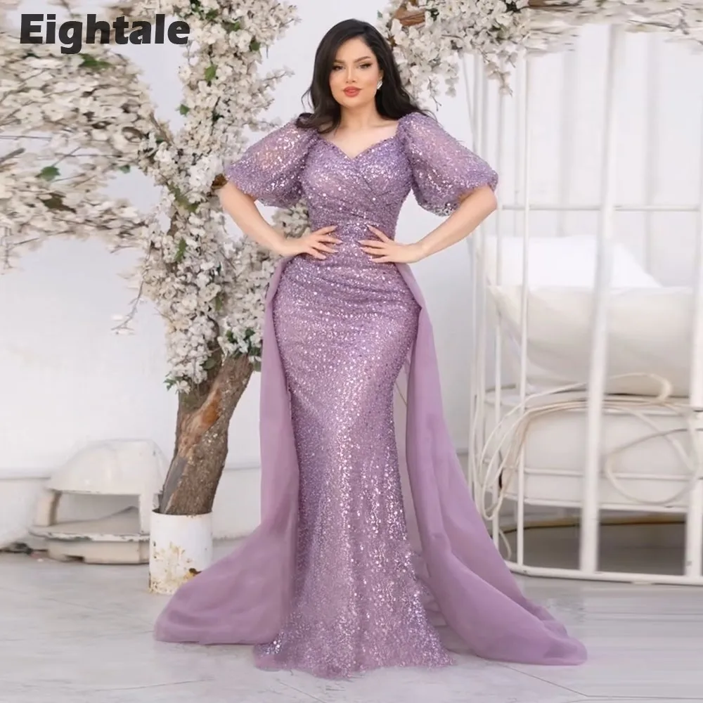 Eightale gaun malam Violet leher-v jubah lengan pendek gaun pesta pernikahan gaun Prom putri duyung kustom dengan payet