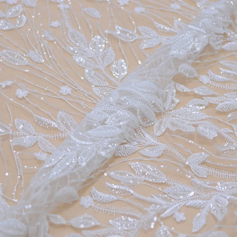 5yard sequins beaded lace fabrics for wedding dresses DIY sewing flower embroidered appliques lace fabric for bridal gown