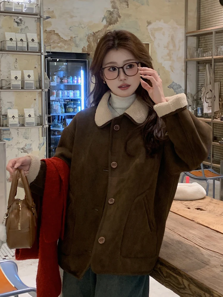 Double-Sided Wear Faux Fur Collar Lamb Fur Cotton Jacket Suede Vintage High-End Thick Outerwear Autumn Winter Women's Coat