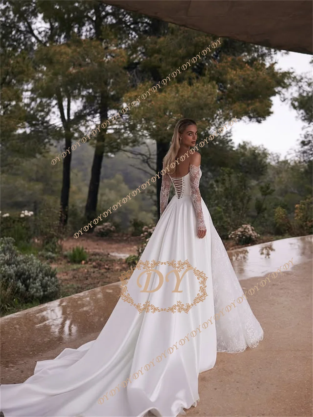 DY Trendy Wedding Dresses for Women Off the Shoulder Appliques A-line Lace up Court Train Vestido De Casamento Customized