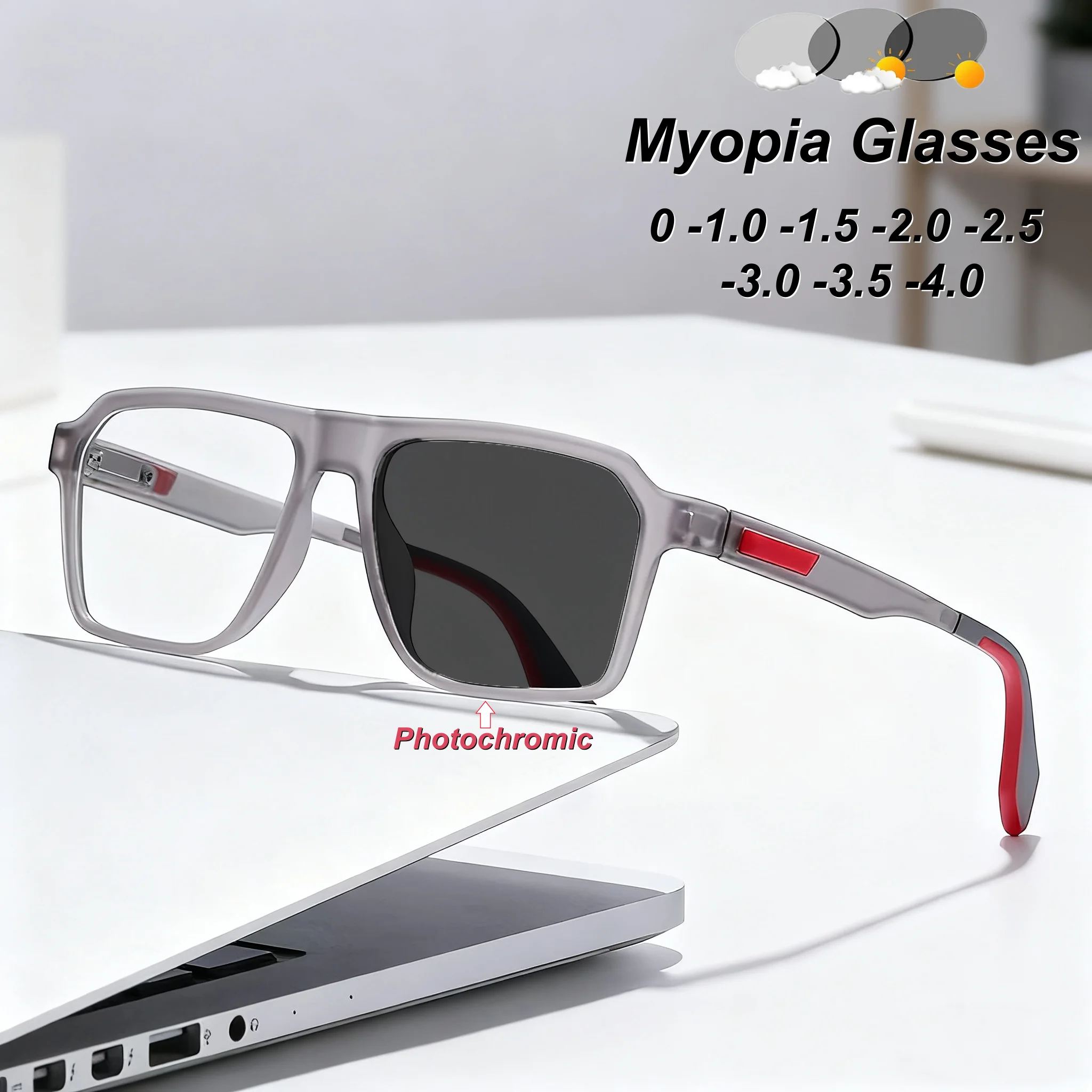 

New Fashion HD Square Frame Photochromic Men's Myopia Glasses Outdoor Neutral High Quality Spring Leg Anti Blue Light Glasses