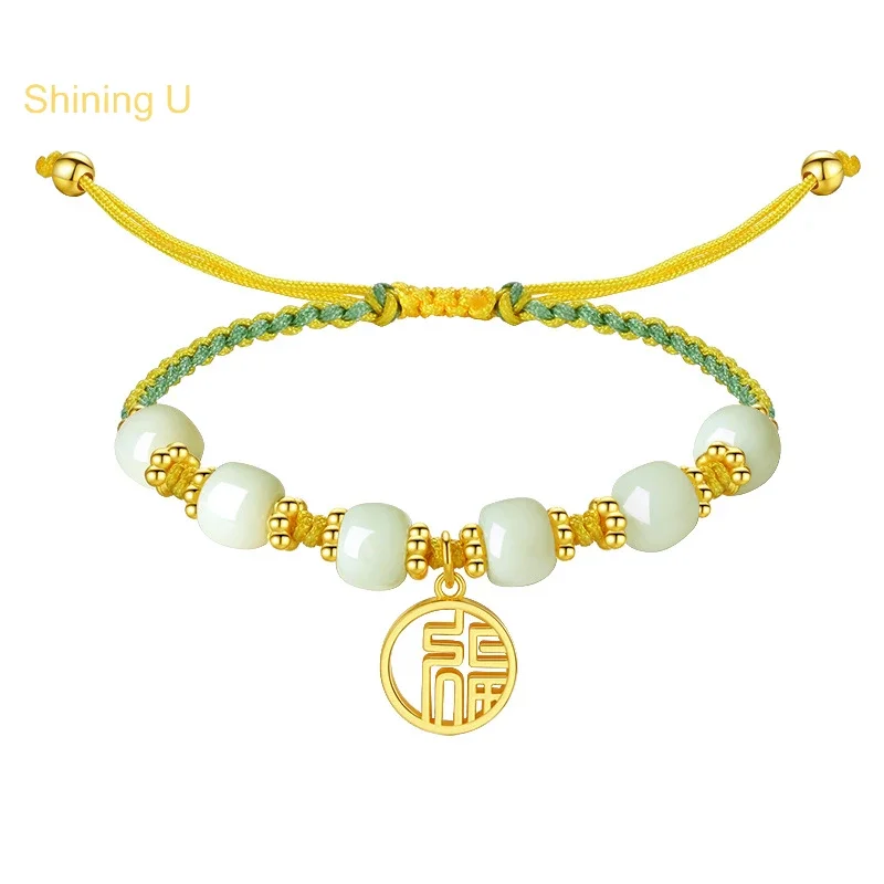 Shining U S925 Silver Hetian Jade Charm Bracelet Beads New Chinese Style Hand-woven Rope Fine Jewelry for Women