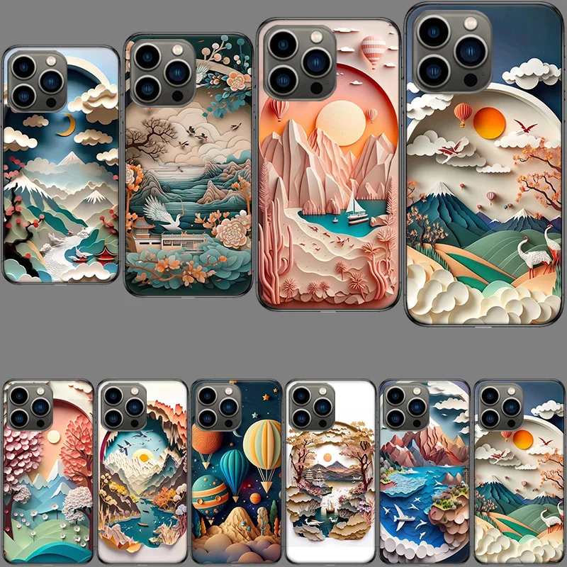 Paper Cuttings Mountains and Rivers Phone Case For Apple Iphone 15+ 14 Plus 16 Pro Max 12 13 Mini 11 Pro X XS Max XR Cover Shell