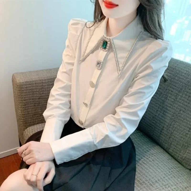 New Spring Autumn Women Clothing Beading Doll Collar Shirt Vintage Blouse 2024 Women Longsleeve Dress Shirt Female Luxury Shirt