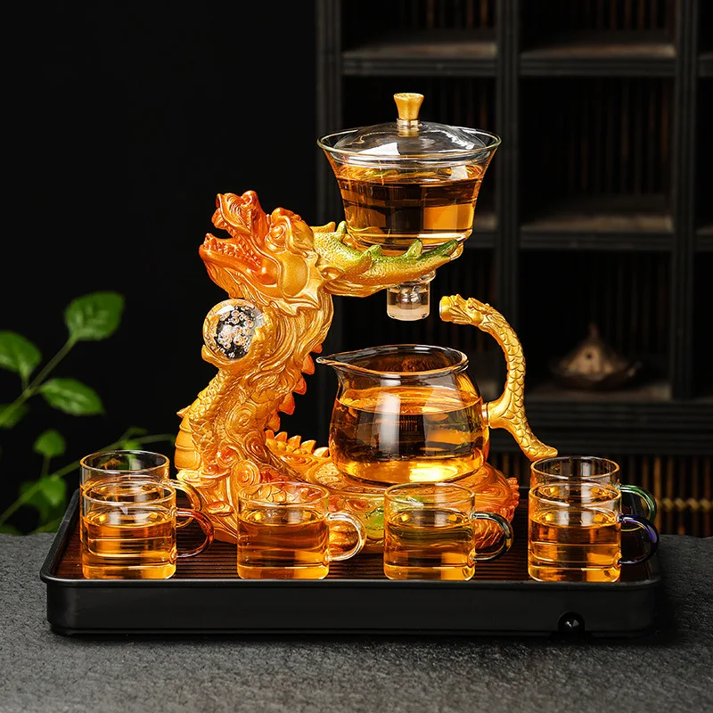 Glass Tea Set Lucky Dragon Magnetic Self Brewing Teapot Kung Fu Home Gift