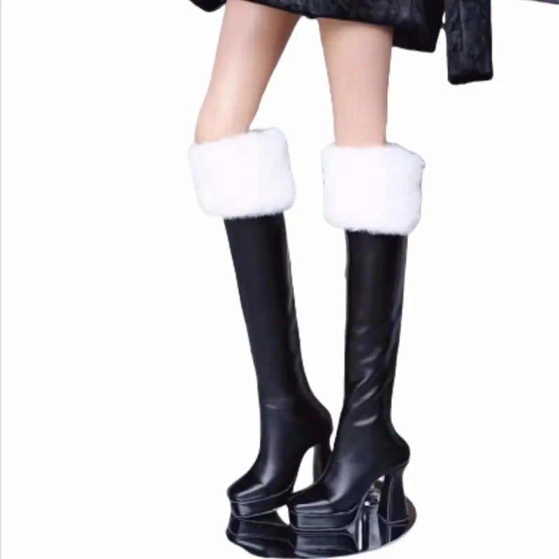 

Элегантные туфли для кукол BJD/SD/DD/AS, 1/3 размер, для девочек, с квадратным меховым краем, глянцевые черные кожаные сапоги до середины икры на толстом высоком каблуке, аксессуары для кукол