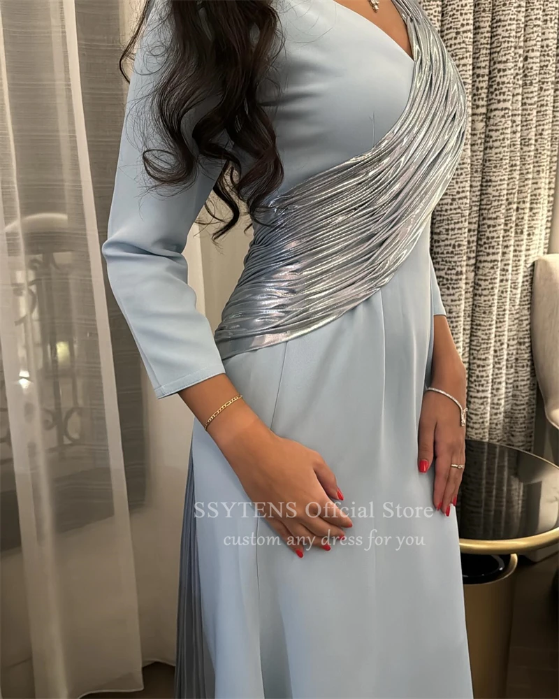 SSYTENS Sky Blue Prom Dress Formal Occasions Women Saudi Mermaid Evening Gowns Gala Long Sleeves Elegant Wedding Party Dress