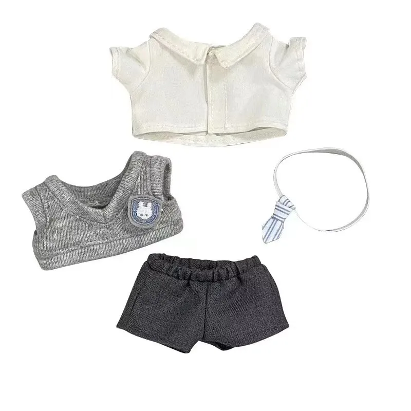 

10cm Plush Doll Clothes Handmade Campus Grey Yellow Vest White Shirt Top Tie Shorts Casual Fashion Set For Doll Accessories Toy