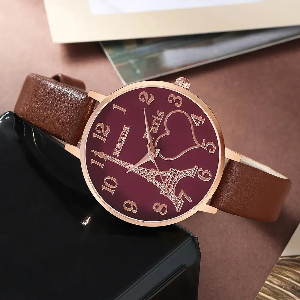 Fashion Watch Glasses Set Casual Leather Belt Watches Women Simple Sunglasses Ladies Iron Tower Dial Quartz Wristwatches Dress C