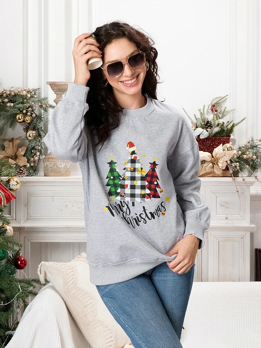 Latest Women'S Christmas Loose Sweatshirt Long Sleeve Round Neck Letter Christmas Tree Printed Hoodie Printed Sweatshirt