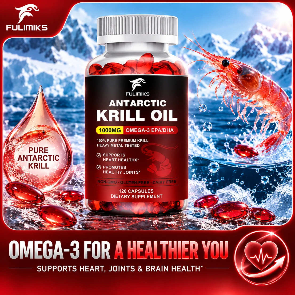 Premium Krill Oil Capsules, with Astaxanthin & Phospholipids, Supports Cardiovascular, Joint, Brain Health, Balances Blood Sugar