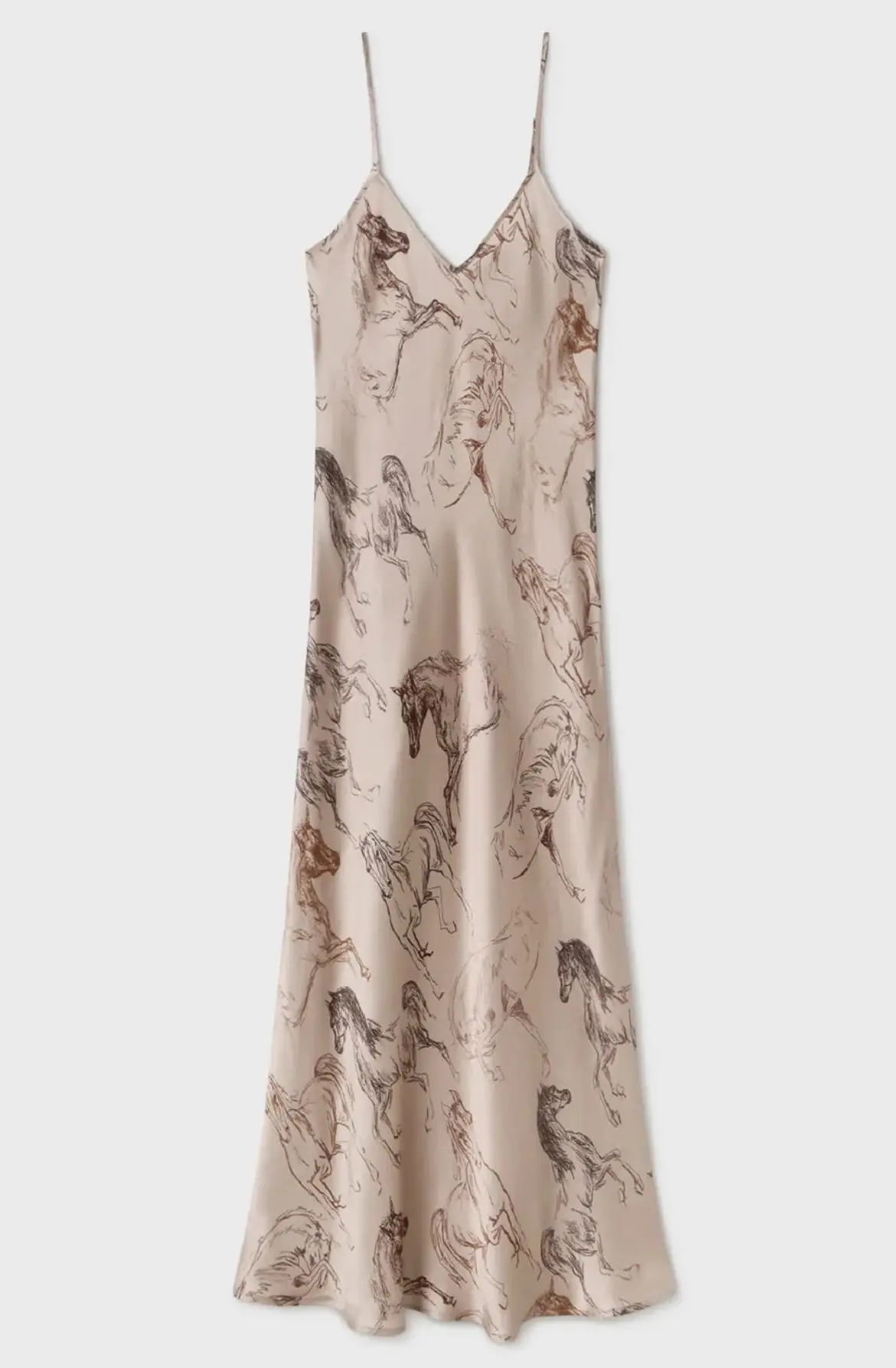 

Australian Niche Wild Horse Print 100% Silk Slip Dress Bias Cut Beach Summer Casual Dresses V Neck Strap Adjustable Midi Dress