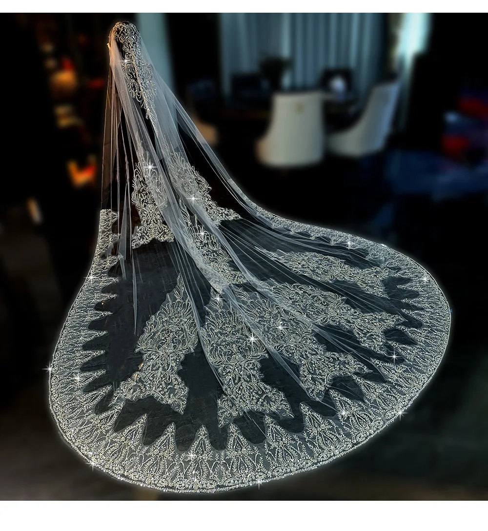 

Luxury Long Wedding Veil 3.5m Bridal Veil with Comb Tulle with Major Beading Sequins Applique Wedding Veils L&P DQL Studio