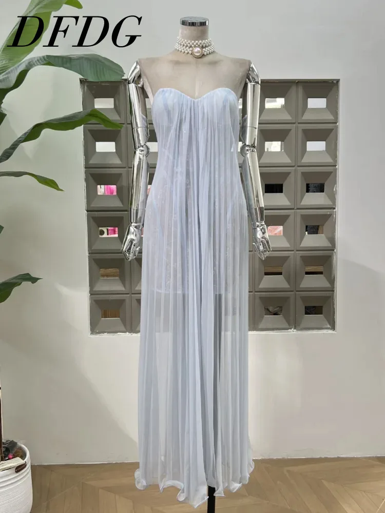 DFDG Elegant Designer StraplessจีบSheer-LaceชุดราตรีหลวมFitฤดูใบไม้ผลิและฤดูร้อนงานแต่งงานGala Party 2025