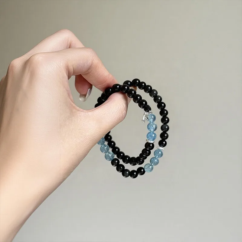 Minimalist Natural Obsidian Bracelet for Women Aquamarine Crystal Bracelet for Luck & Hydration Gifts