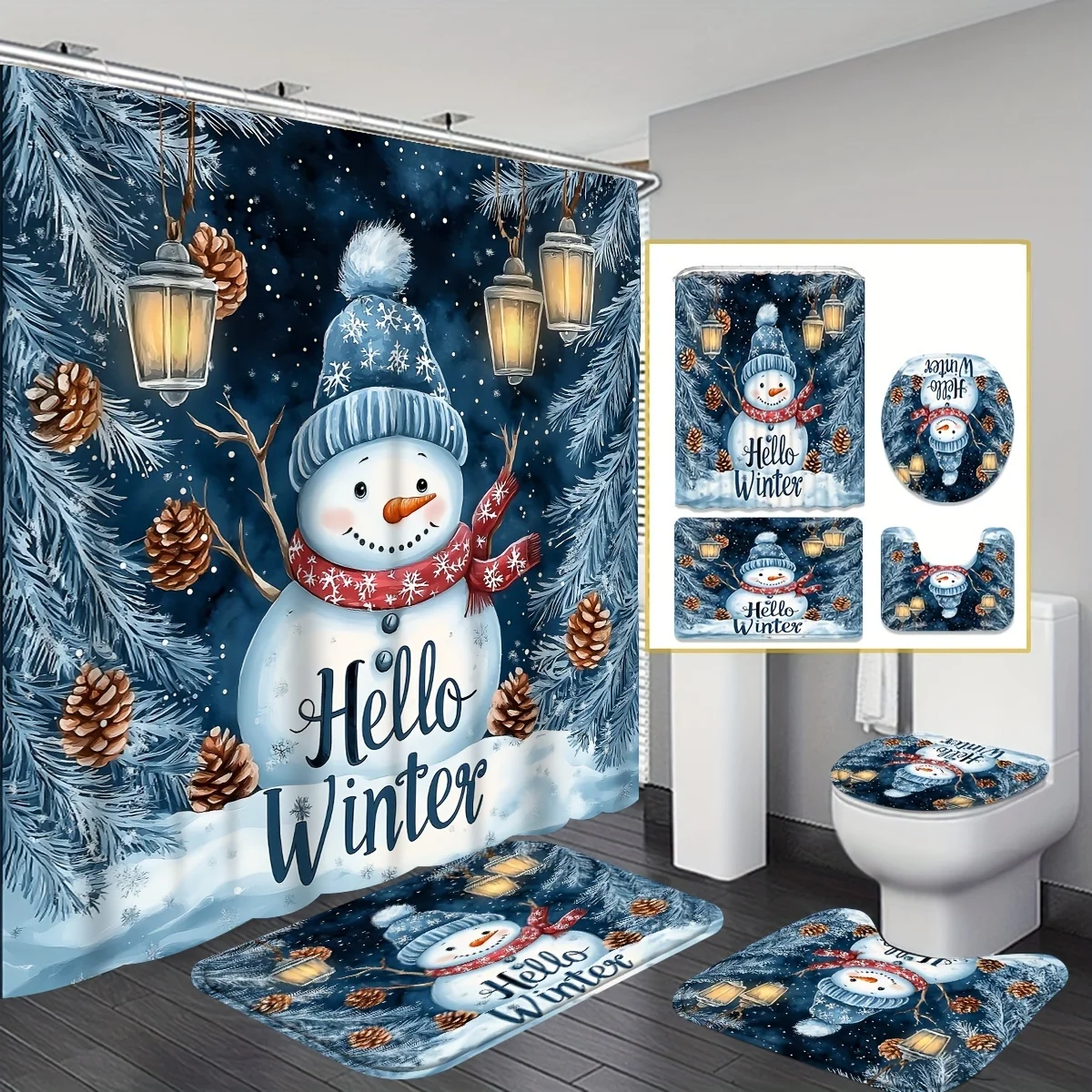 4Pcs Christmas Shower Set, Snowman with Cedar Cones Lanterns, Deep Blue Design, 12 Hooks, Non-Slip Mat, U-Shaped Toilet Cover