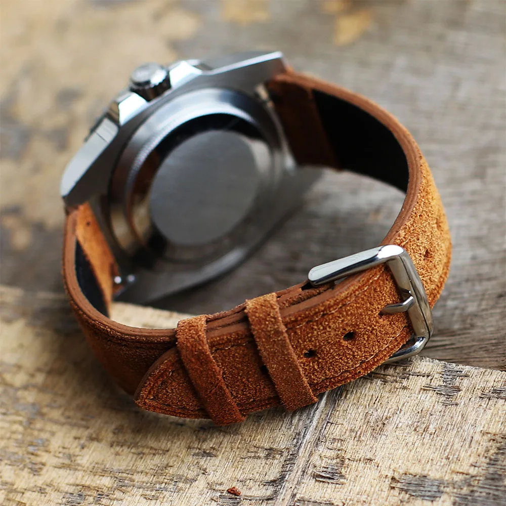 New Design Genuine Suede Leather Vintage Watch Band High Quality Royal Brown Coffee Watchstrap Handmade Replacement Wristband