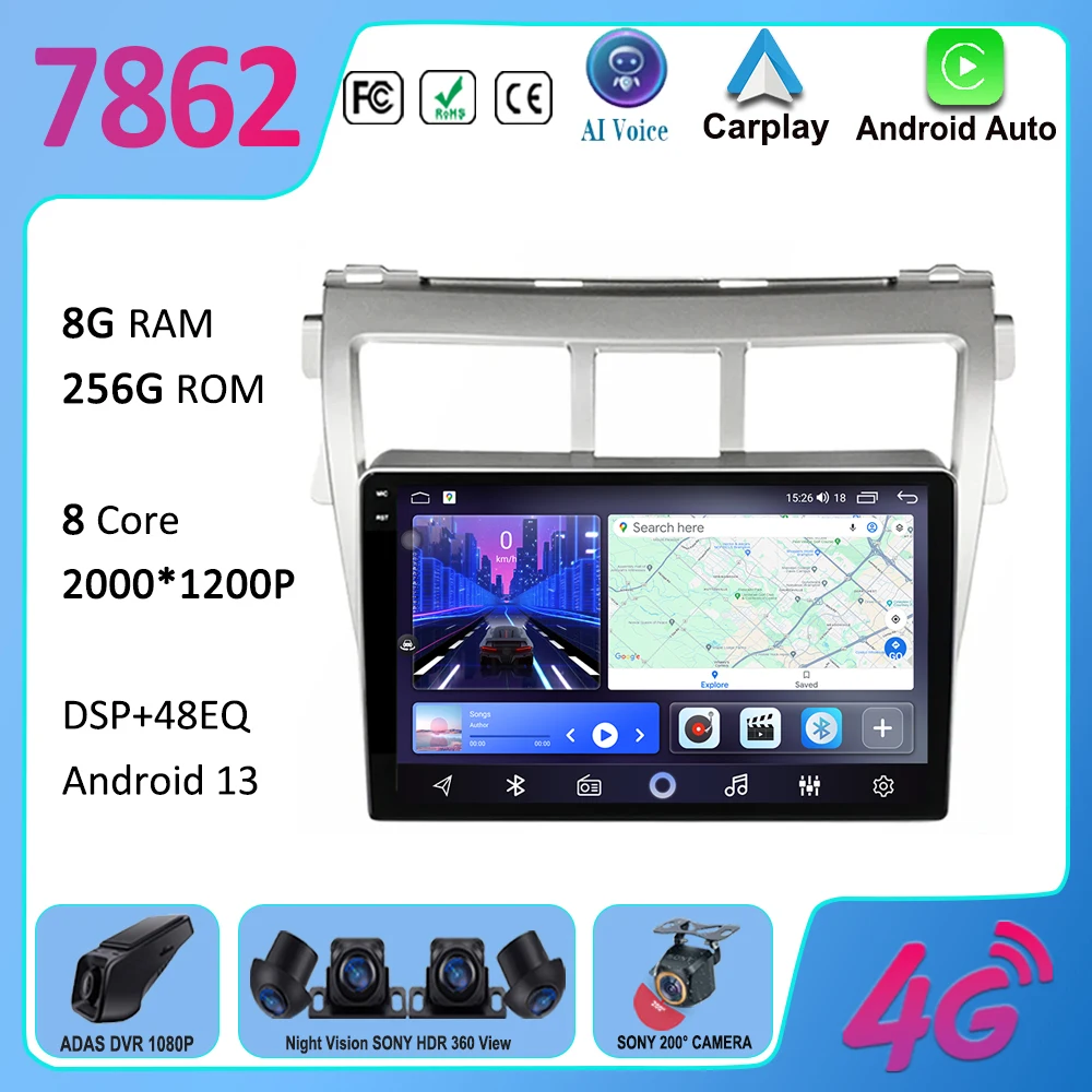 

For Toyota Vios Yaris 2007-2012 Car Radio Multimedia Video Player Stereo Head Unit GPS Navigation Android Auto WIFI No 2din DVD