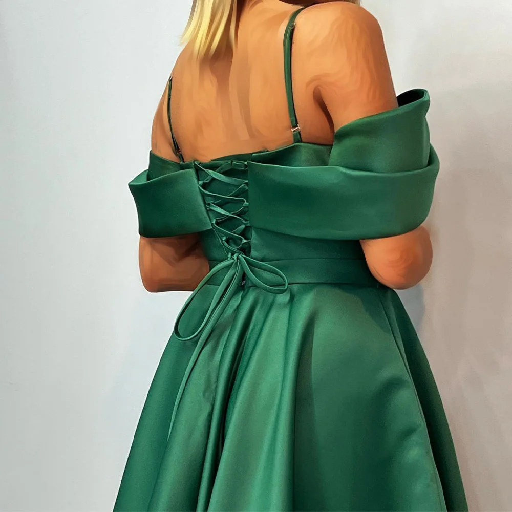 Off the Shoulder Satin Sleeveless Floor Length A-Line Evening Dress Panel Train Lace Up Back Temperament Photo Color Classic