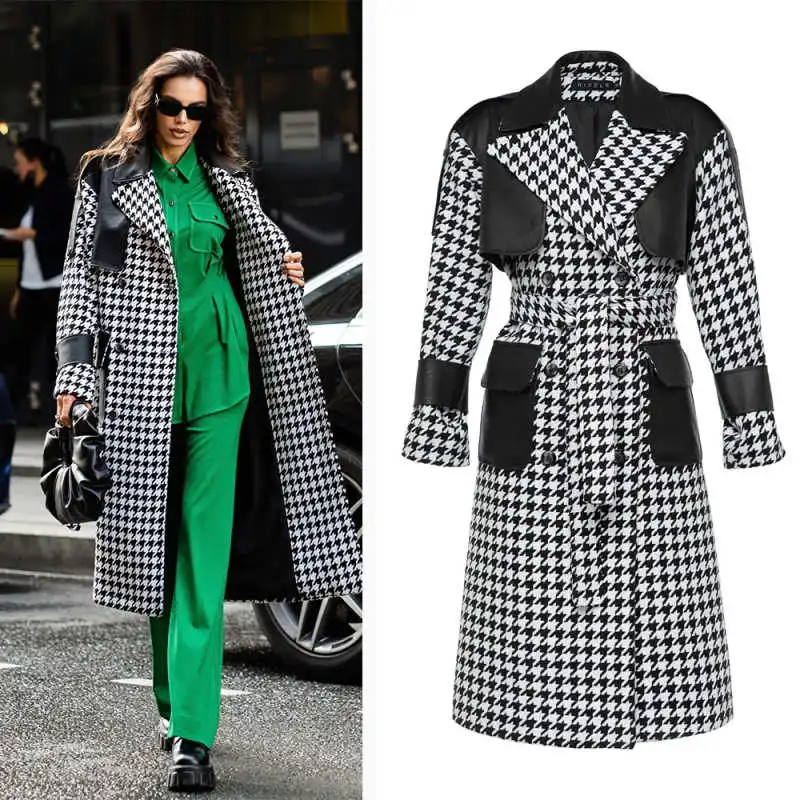

Autumn Winter Houndstooth Women's Woolen Blends OverCoat Double Breasted Outerwear Warm With Belt Customized