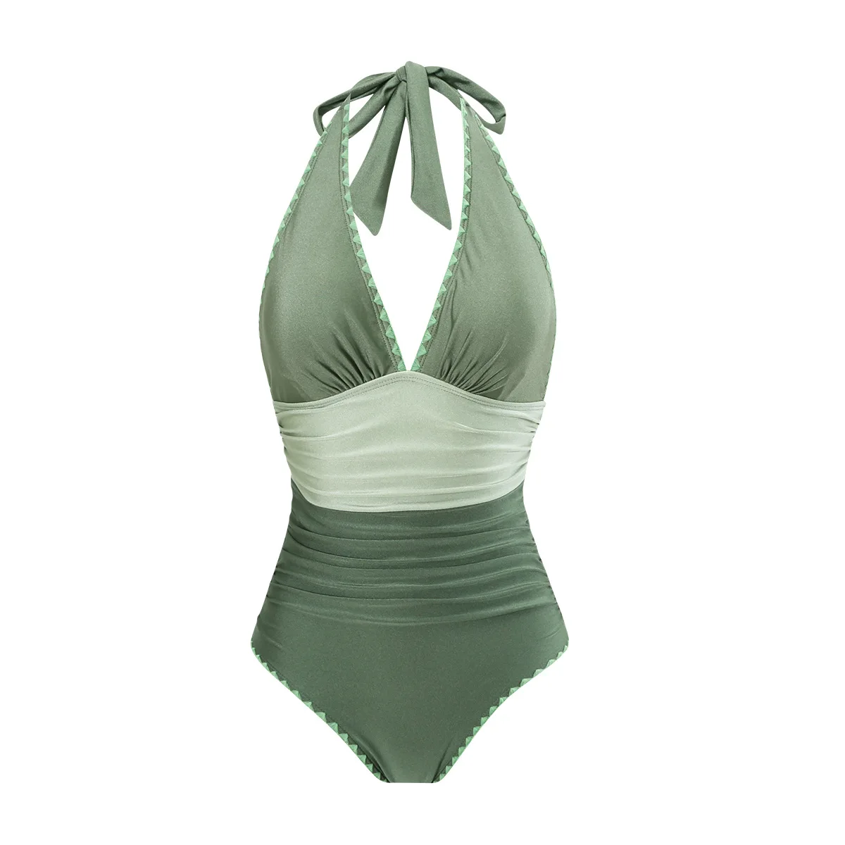 2025 Women Halter Neck Backless One-Piece Swimsuit Color Block & Sexy Open Back Women's Fashion Swimwear Deep V Neck Swimsuit