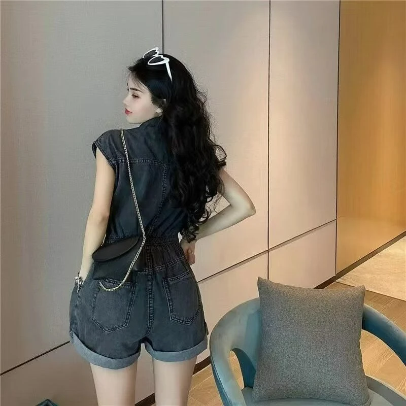 Korean Version of The Summer New Waist  Thin Denim Retro Tooling Style Foreign Style Age Reduction Solid Color One-piece Shorts