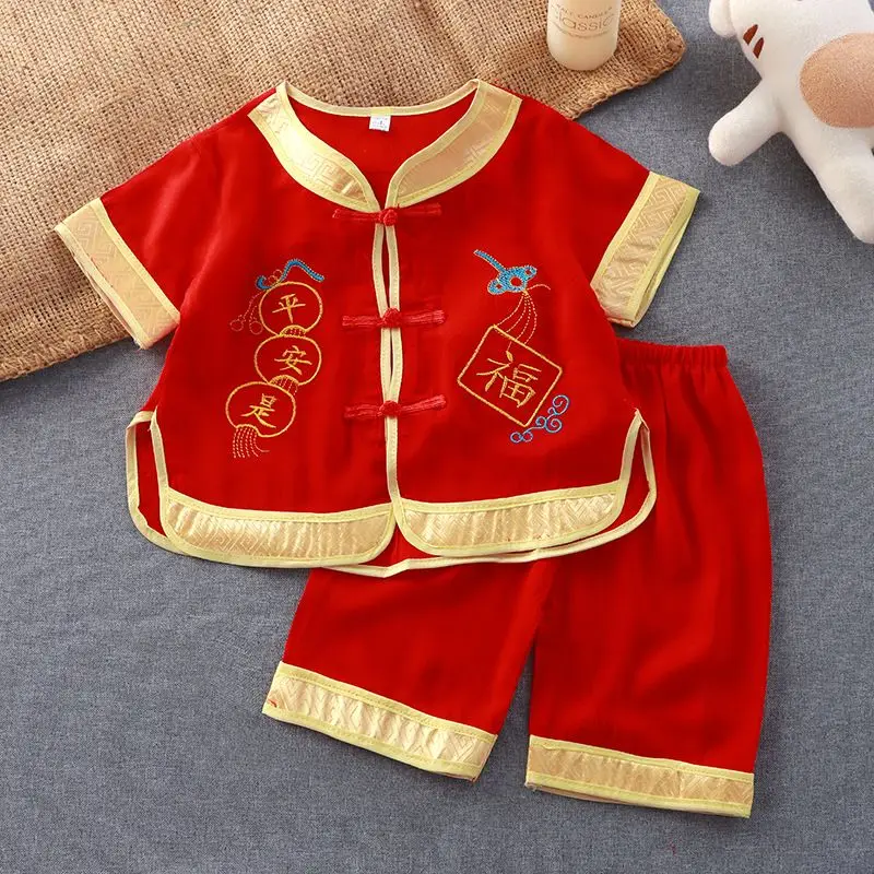 Summer Clothes Boys 2 Piece Chinese Tang Suit Cotton Short Sleeve Set Dragon Theme Performance Costume Twin Kylin Print
