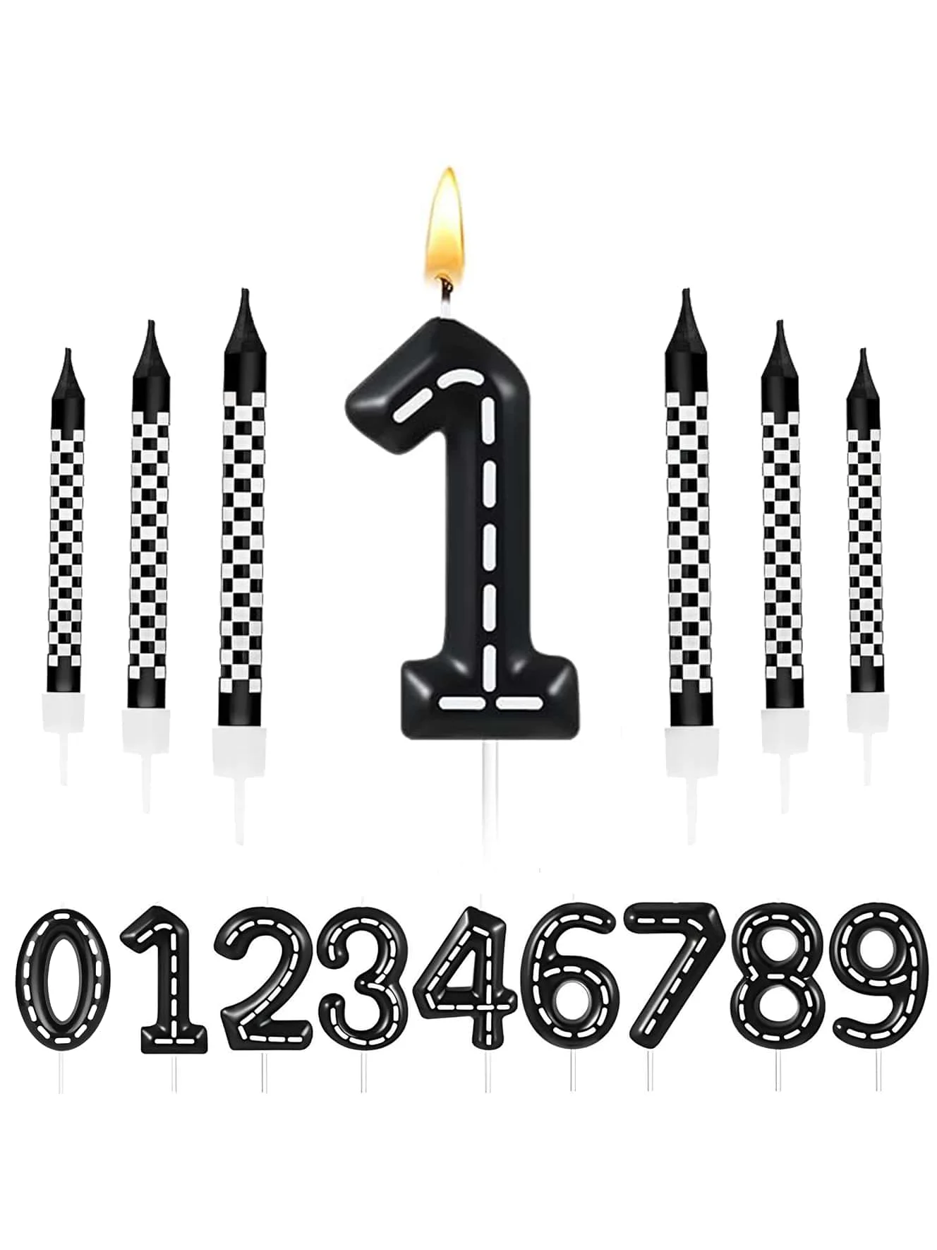 7Pcs Racing Cars Themed Birthday Candles Black and White Checkered Candle 1 to 9 Number Candle Truck Candle Cake Topper for Raci