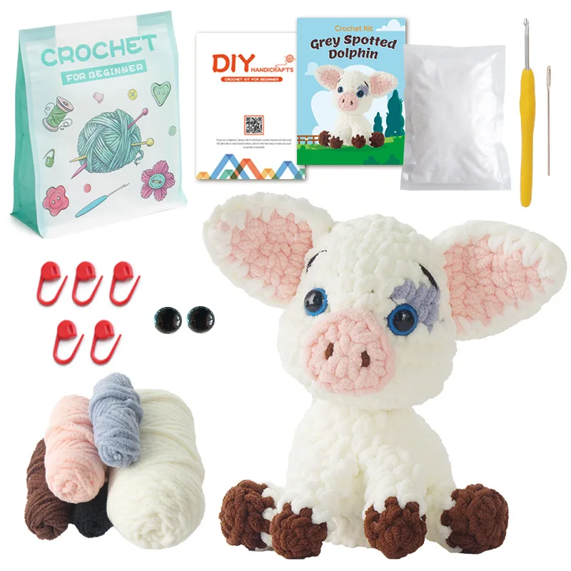 

Pig Animal Doll DIY Knitting Kit for Beginners, Ice Yarn Crochet Hook Material Set with English Tutorial