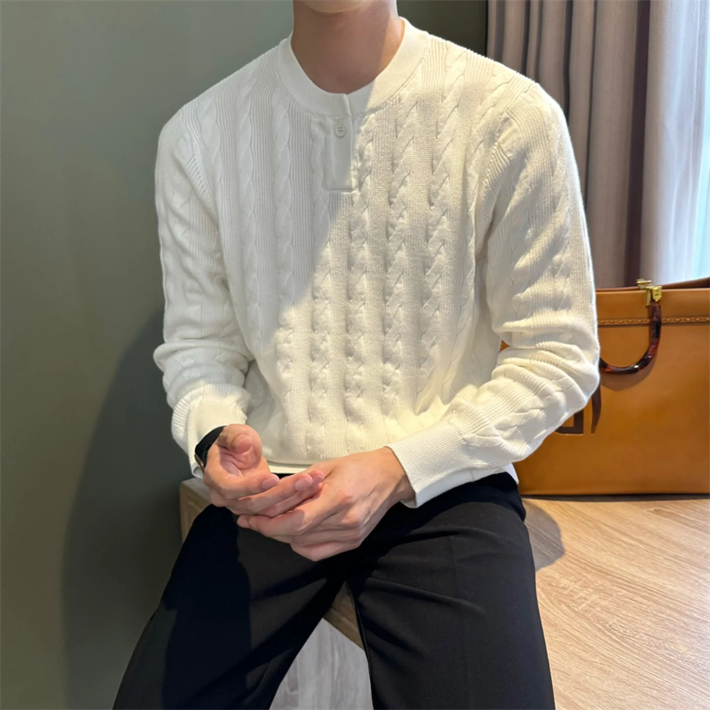 

Мужской вязаный свитер с воротником Генри, длинный свек, теплый повседневный свитер на одной пуговице, модное осенне-зимнее новое поступление